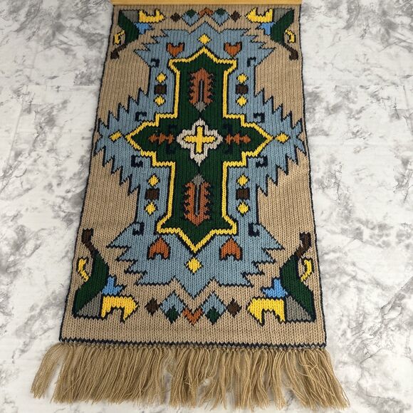 Vintage Handmade Knit Wall Hanging Tapestry Fringe Trim 20"x10" - Picture 1 of 7